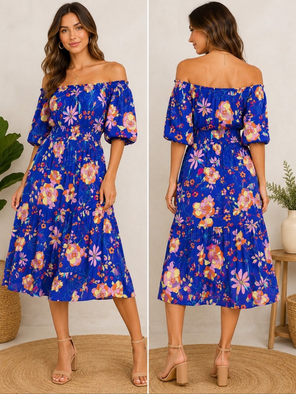 A-139 Easel Los Angeles Floral Off-Shoulder Smocked Midi Dress NWT Size L